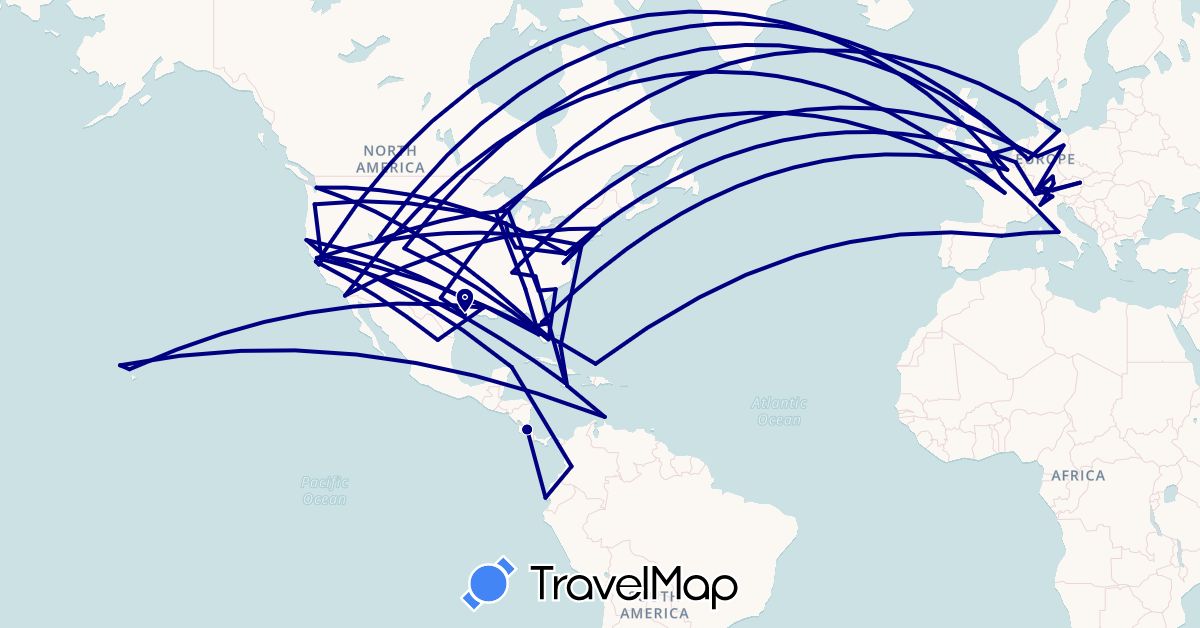 TravelMap itinerary: driving in Austria, Belgium, Bahamas, Switzerland, Costa Rica, Germany, Spain, France, United Kingdom, Italy, Jamaica, Mexico, Netherlands, Turks and Caicos Islands, United States (Europe, North America)